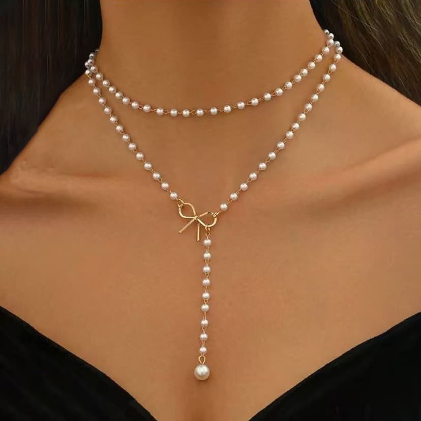European and American Cross-Border Imitation Pearl Necklace Y-Shaped Bowknot Clavicle Chain Design Tassel Pendant Necklace Cross-Border Dropshipping