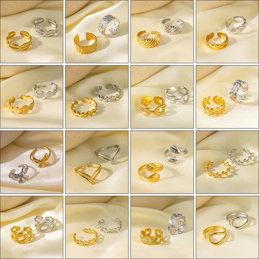European and American Cross-Border Stainless Steel Plated with 18K Gold, Heart Flowers and Leaves, Multi-Layered Geometric Simple Open Ring Wholesale