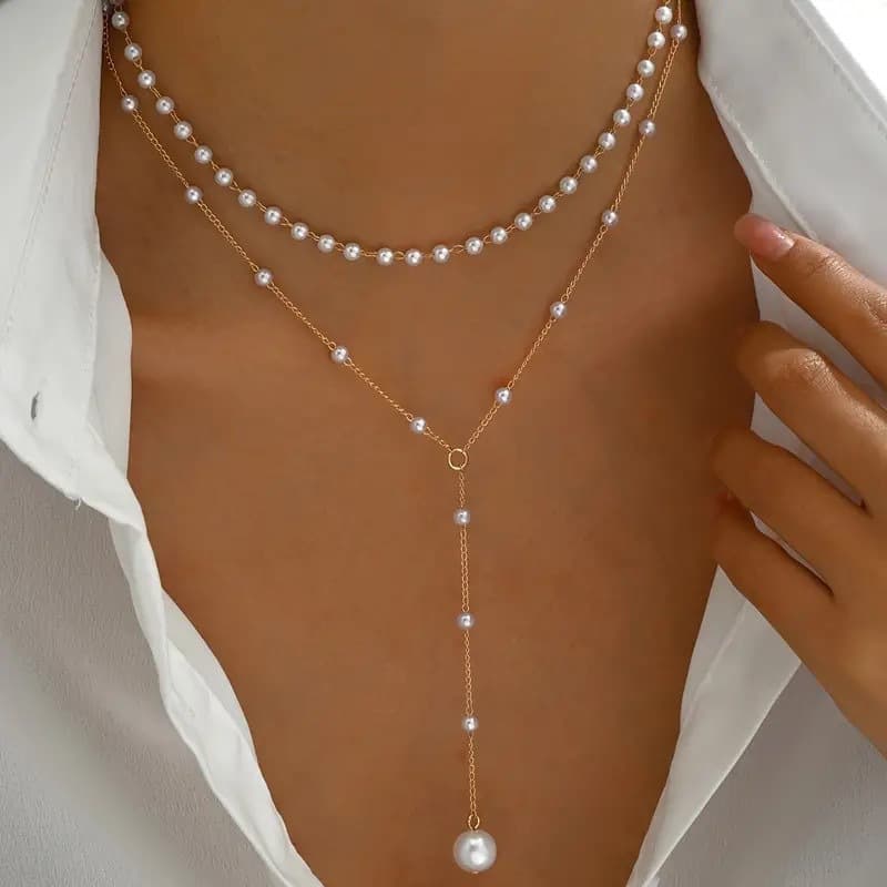 Cross-border European and American Style Y-style Fashion Pearl Tassel Double-layer Necklace Stacked to Wear Light Luxury Elegant Niche Women's Woolen Chain