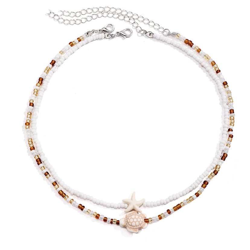 Temu Hot Selling Rice Bead Starfish Necklace Bohemian Beach Turtle Double Layer Stacked Wear Fashionable Women's Summer Clavicle Chain