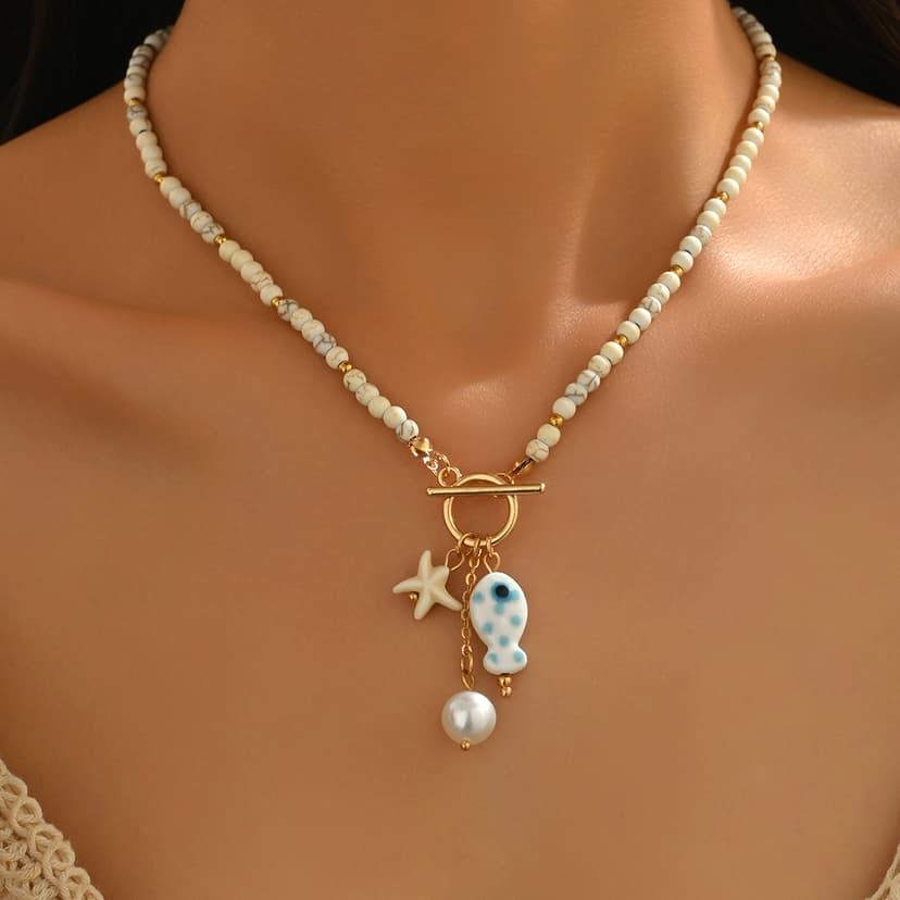 European and American Cross-Border New Summer Ceramic Fish Starfish Tassel Pearl Rice Beads Beaded Ot Buckle Necklace for Women