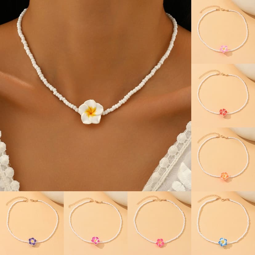 European and American Cross-Border Hot Selling Bohemian Style Dopamine Soft Pottery Clavicle Chain Colorfulful Frangipani Rice Bead Necklace
