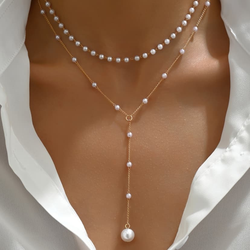 Fashion Cross-border New European and American Style Y-shaped Imitation Pearl Tassel Double-layer Necklace Overlapping Light Luxury Niche Necklace Accessories