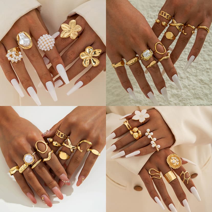 European and American Style Geometric Irregular Concave and Convex Fashion Ring, Personalized Multi-Layered Imitation Pearl Stacking Ring Ring
