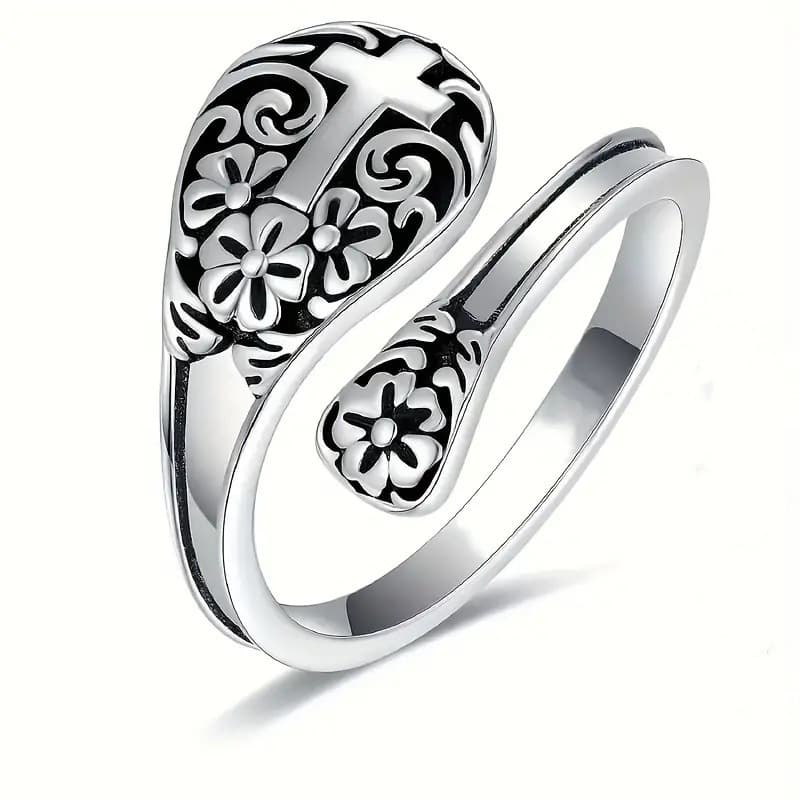 European and American Cross-Border Faith Ring Literary Retro Flower Cross Open Ring Personalized Simple Ring for Men and Women
