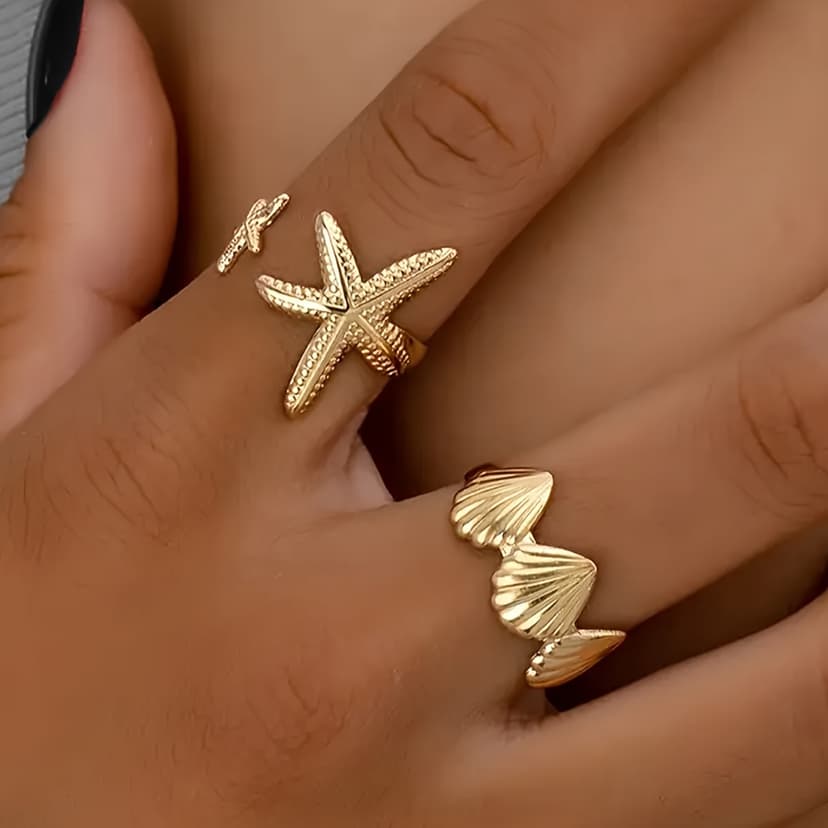 Europe and the United States cross-border hot summer beach shell starfish opening adjustable ring niche temperament ring women