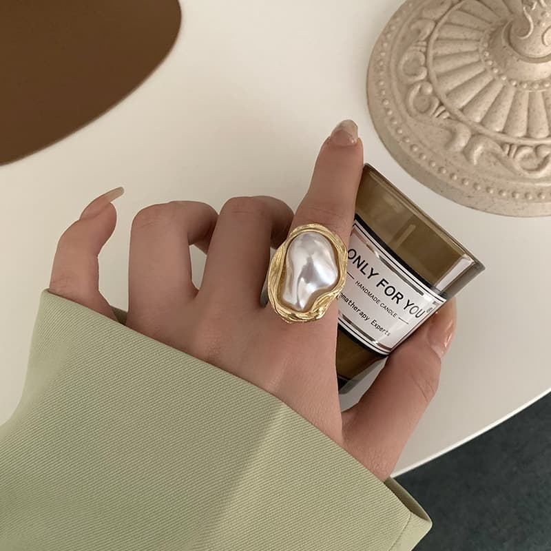 European and American Hot-Selling Cross-Border Retro Special-Shaped Imitation Pearl Ring Women's Index Finger Ring Personalized Fashion Design Open Tail Ring