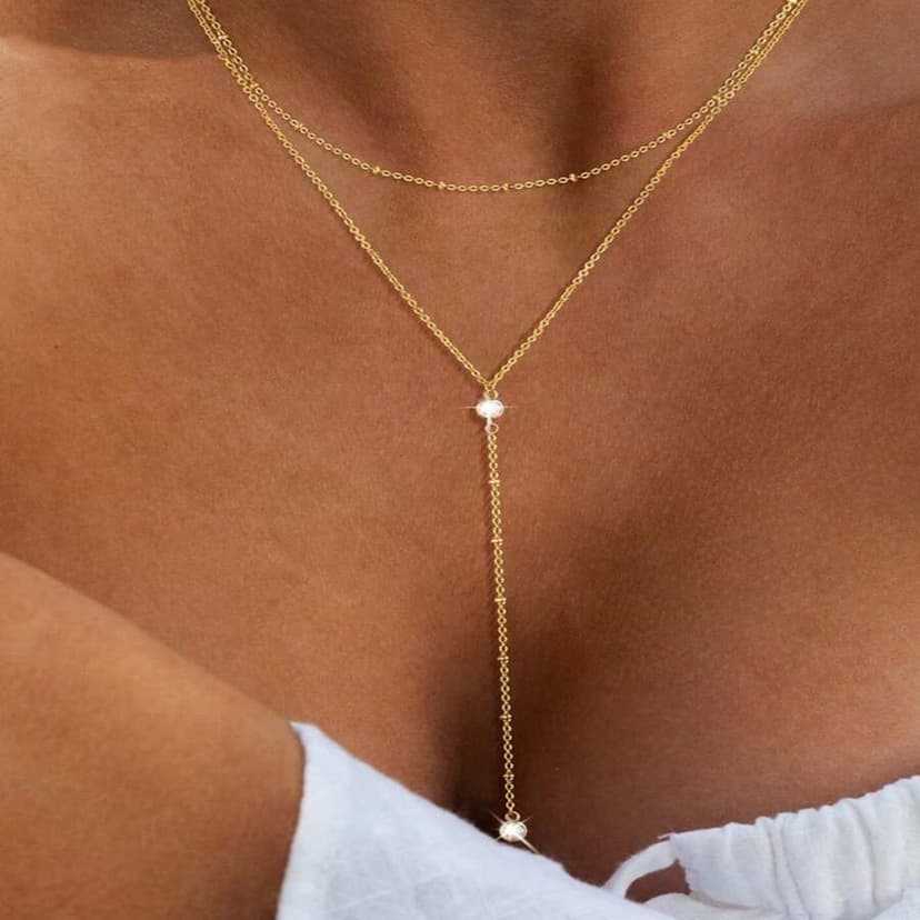 European and American Fashion Niche Fashion Double-Layer Stacked Necklace Tassel Bead Chain Rhinestone Light Luxury Versatile Women's Clavicle Chain
