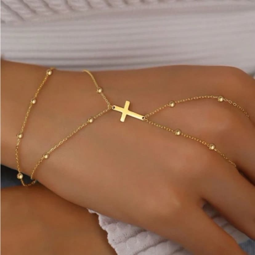 2025 Fashion Metal Double Layer Large Round Bead Cross Bracelet New Style Layered Simple Cross Multi-Finger Bracelet for Women