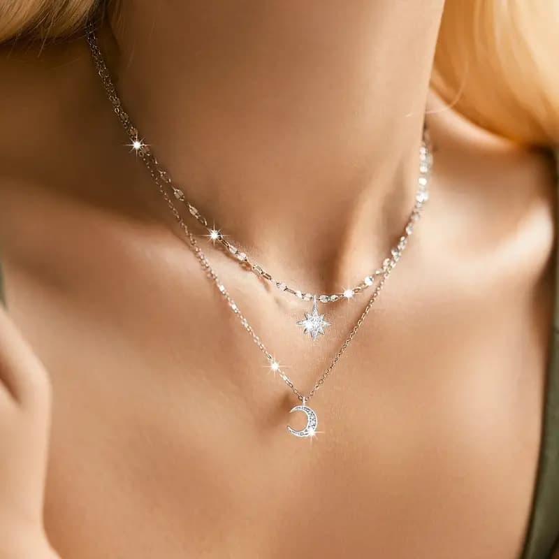 TEMU Hot Sale Ins silver Flash Diamond Star Moon Double Layer Necklace Niche Women's Fashionable Distinctive Layered Clavicle Chain