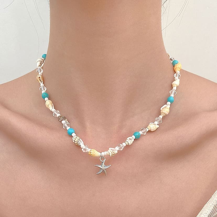 SHEIN Hot Sale Conch Rice Bead Turquoise Bracelet Beach Starfish Pendant Shell Crystal Bead Women Necklace suit