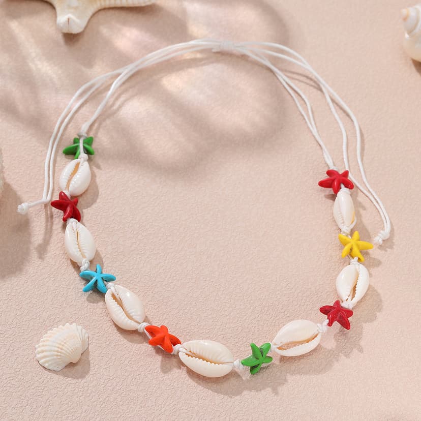 European and American Bohemian Style Mixed Color Five-Pointed Star Shell Necklace Popular Beach Woven Personalized Women's Collarbone Chain Wholesale