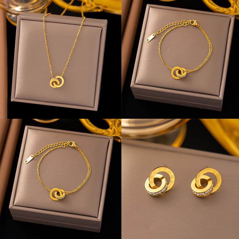 Europe and the United States cross-border wholesale Rome double-ring necklace female titanium steel full diamond clavicle chain fashion Joker high-level sense does not fade