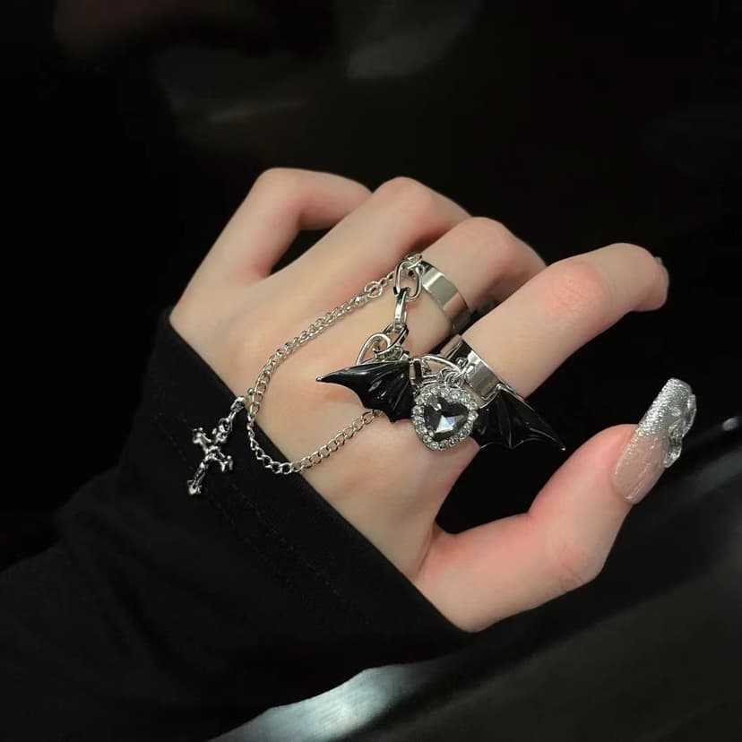 Y2K Black Sweet Cool Devil Wings Cross Ring Niche Design Spice Girl Subculture Diablo New Fashion