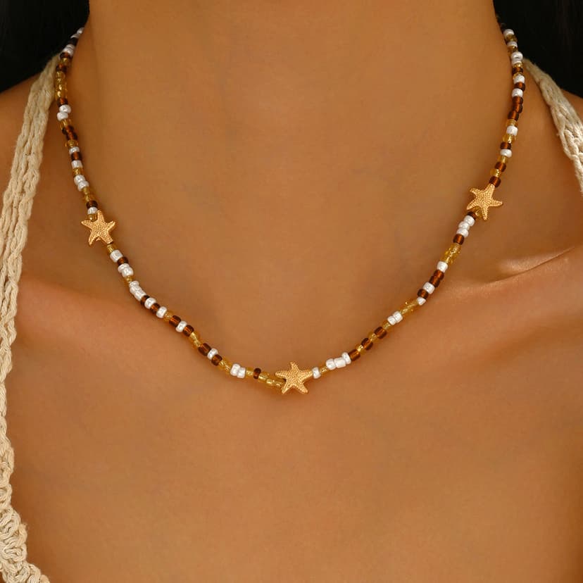 European and American Cross-Border Hot-Selling Vacation Ocean Style String Color Rice Bead Clavicle Chain Maillard Color Turquoise Starfish Necklace