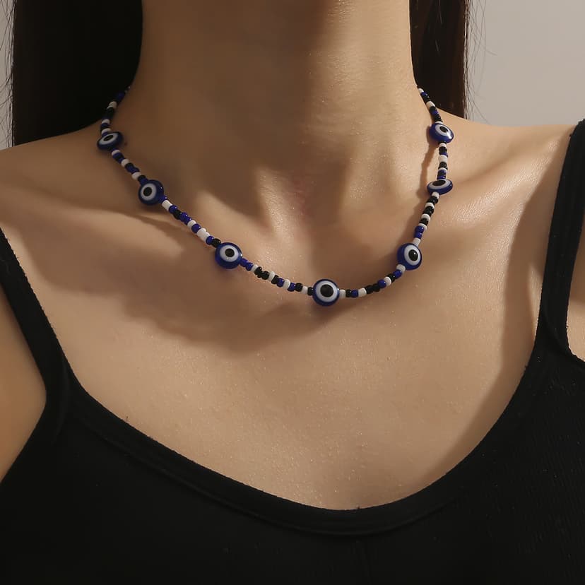 Fashion simple commuter devil's eye oil drop craft handmade beaded glass rice beads ladies necklace