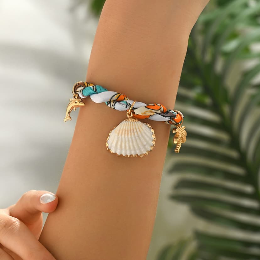 European and American Cross-Border Hot Selling Colored Rope Scallop Bracelet Ocean Style Shell Alloy Pendant Braided Rope Bracelet for Women