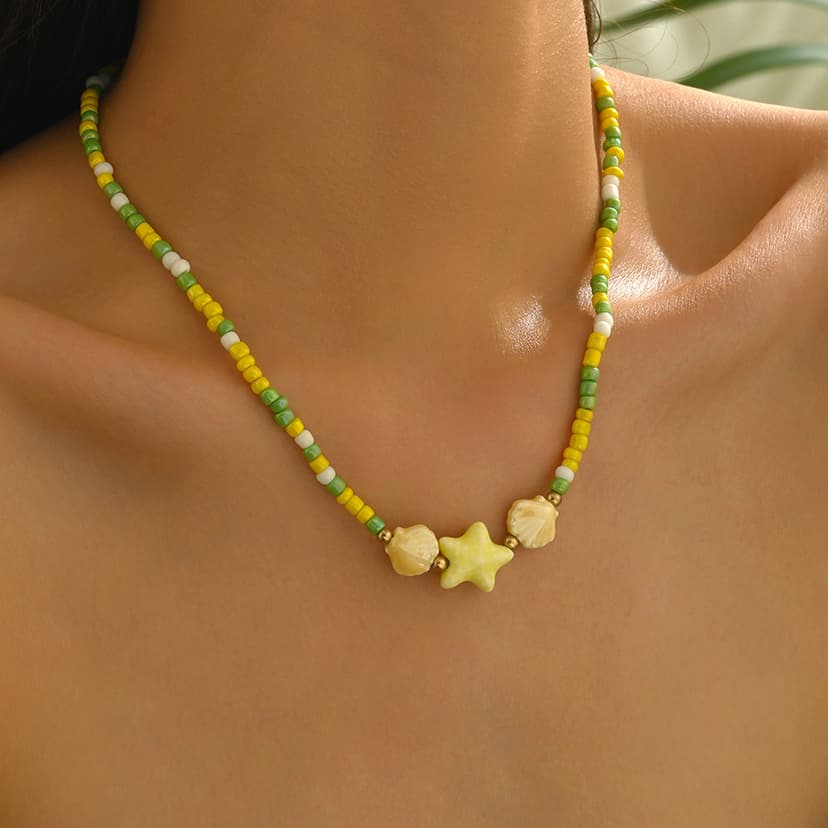 European and American Cross-Border New Summer Fresh Ocean Style Ceramic Starfish Scallop Ceramic Necklace Rice Beads Beaded Clavicle Chain