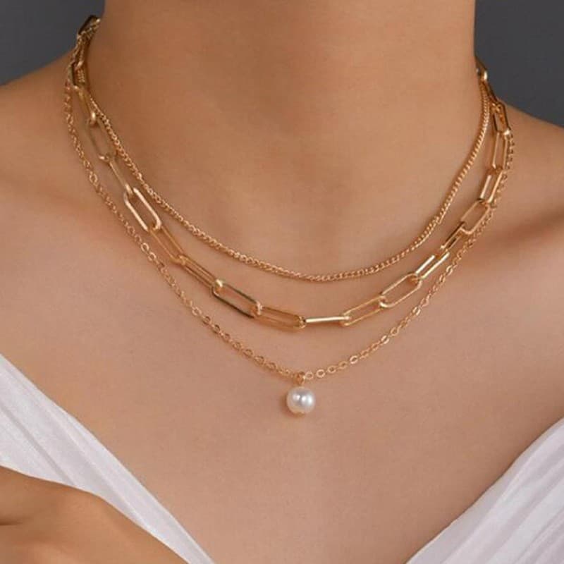 European and American Cross-Border New Three-Layer Metal Chain Imitation Pearl Pendant Necklace for Women, Personalized Stacking Necklace for Women