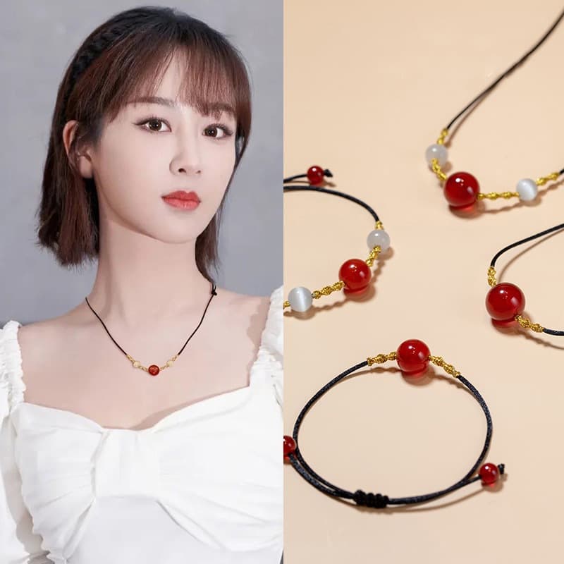 Yang Zi Same Style Acacia Bean Necklace Fashion Light Luxury Safe Black Rope Red Bean Bead Pure Handmade High-end Simple Accessories