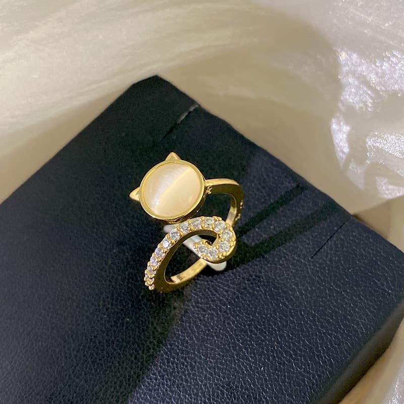 Korean Style Cute Cat Ring Women Inlaid Cat's Eye Stone Zircon Fashion Ring Internet Popular Light Luxury Popular Hand Ornament Tail Ring