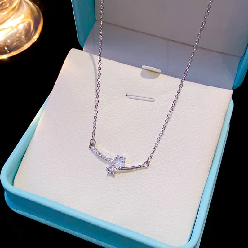 silver simple micro-inlaid zircon stars staggered smile necklace female niche titanium steel clavicle chain Joker jewelry wholesale