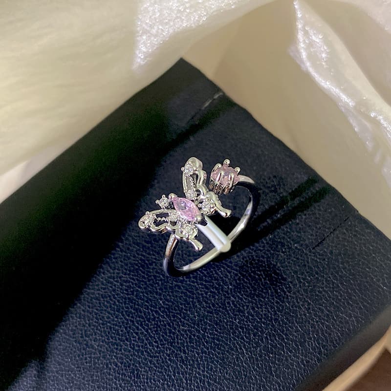 Korean Style Beautiful and Smart Pink Diamond Butterfly Ring for Women with Irregular Design Zircon Ring Opening Adjustable Bracelet