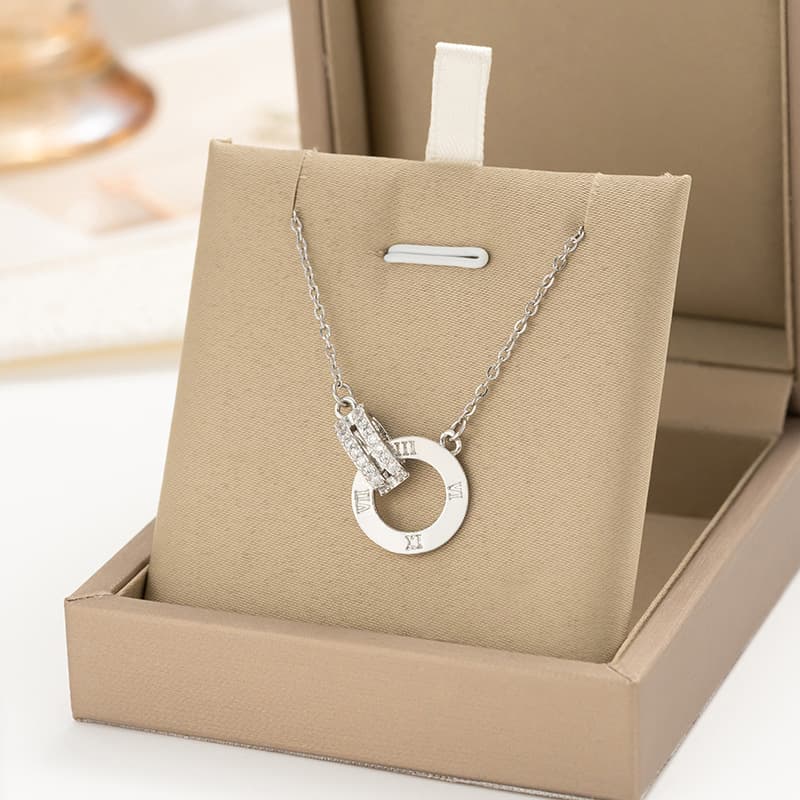 silver Fashion Light Luxury Full Diamond Roman Double Ring Titanium Steel Necklace Women's Niche All-match Elegant Clavicle Chain Internet Celebrity Jewelry