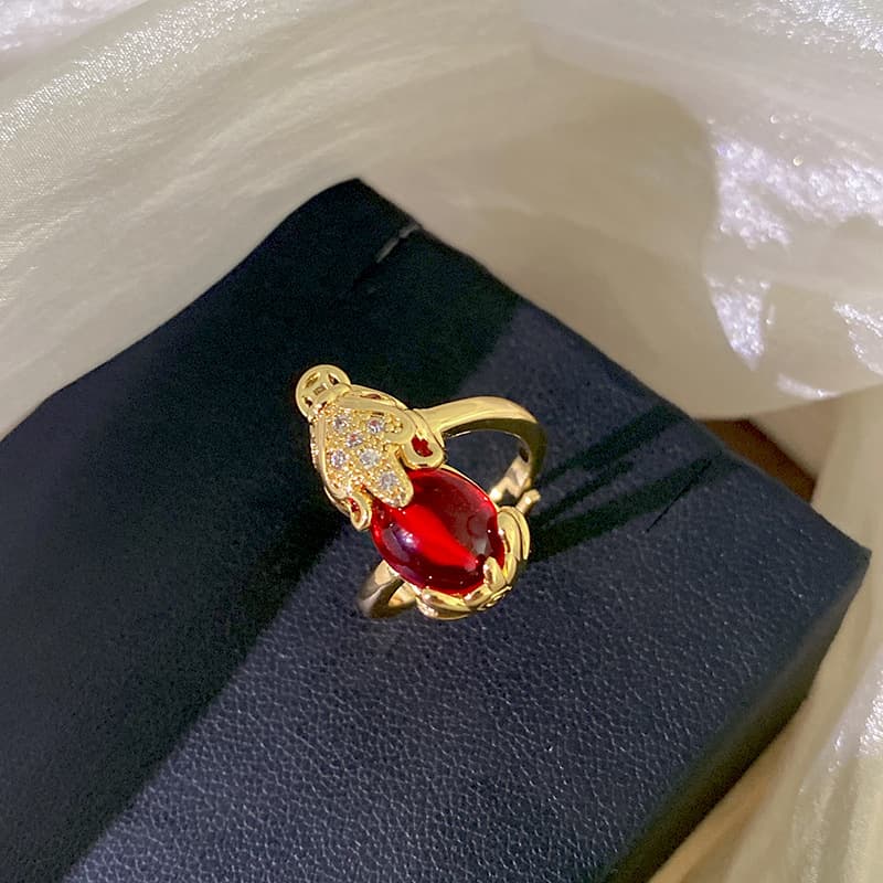 Cross-Border Internet Celebrity Model Real Gold Electroplated Color-Preserving Large Pixiu Ring for Women Inlaid with Zircon Ruby ​​High-Quality Hand Jewelry