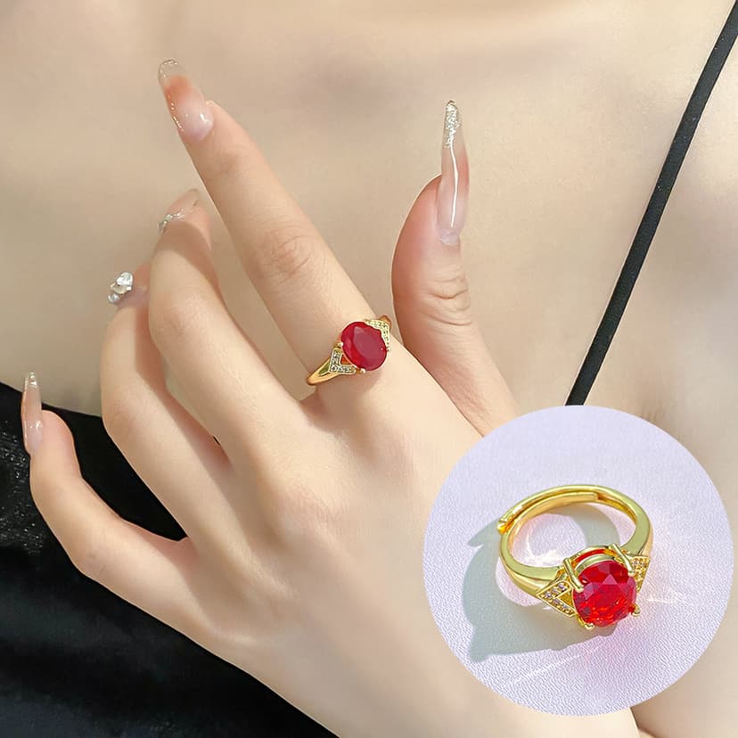 European and American Cross-Border Large Gold-Colored Gemstone Ring for Women, Real Gold-Plated Copper Inlaid with Zircon, High-Quality Adjustable Jewelry