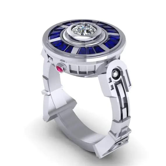 Zhen Rong wish Star Wars Robot R2D2 Ring European and American UFO Shape Inlaid Sapphire Engagement Ring