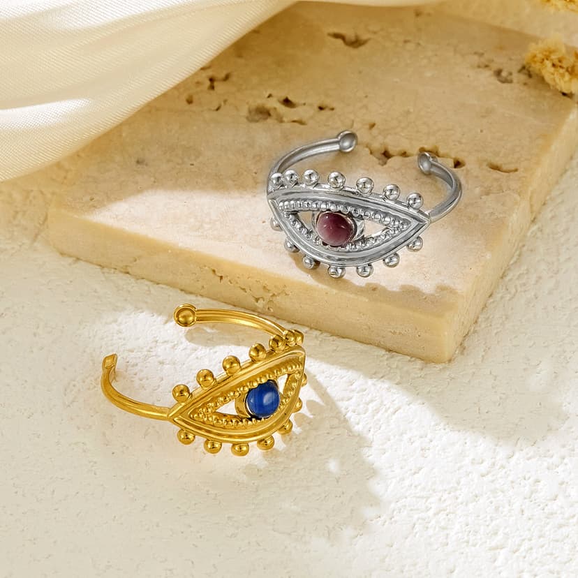 Cross-Border European and American Retro Magic Eye Natural Stone Stainless Steel Ring That Does Not Fade Niche Light Luxury High-End Fashion Ring