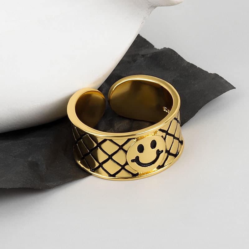 s925 Silver Ring Fashion Korean Simple Personality Elegant Fashion Hip Hop Finger Ring Grid Smiley Open Ring