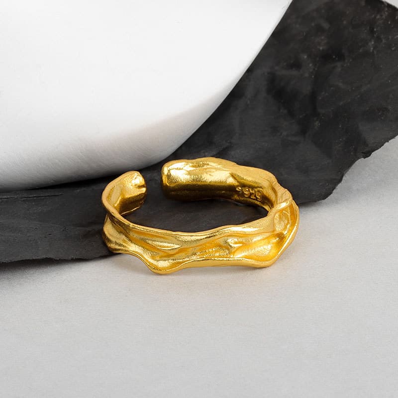 Japanese and Korean Simple Cold Style Personalized Gold-Plated Asymmetrical Lava Open Water Ripple Texture European and American Style Ring Ring for Women
