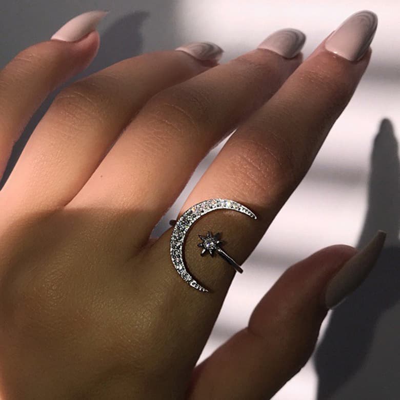 Cross-Border New Crescent Ring Fashion Star and Moon Ring Women's Ethnic Style Star and Moon Index Finger Open Ring Wholesale
