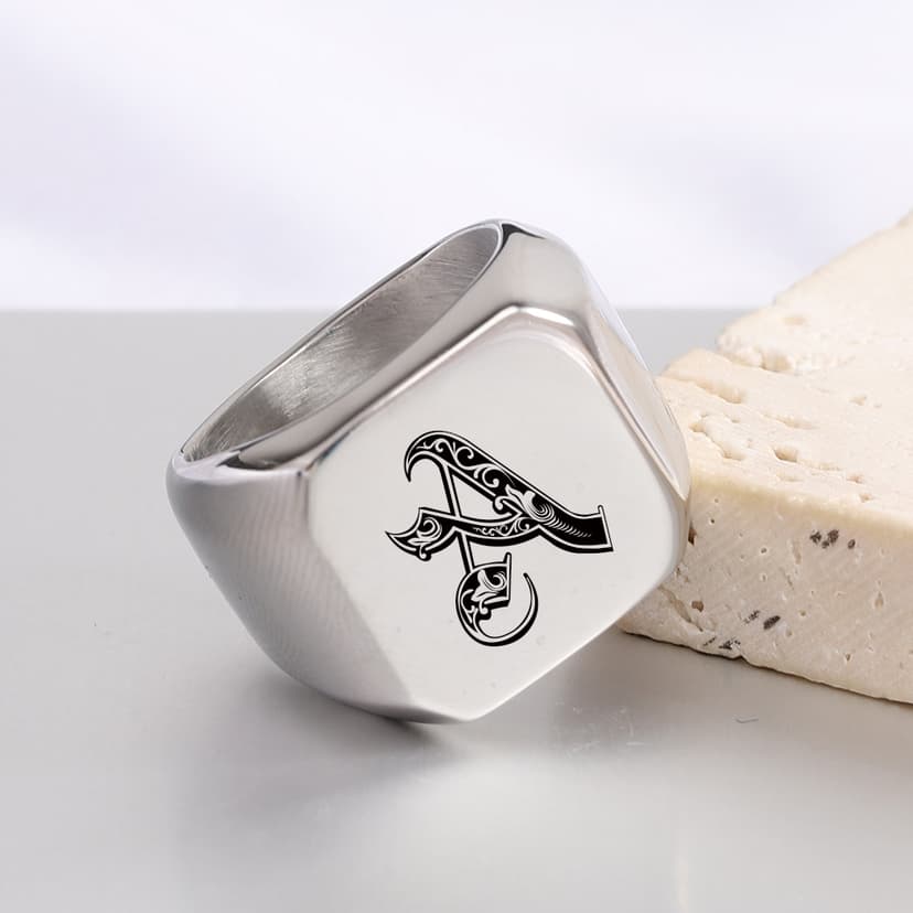 European and American Cross-Border Hot-Selling Square Smooth Surface 18mm Laser-Engraved 26 English Letters Stainless Steel Ring Simple Wholesale