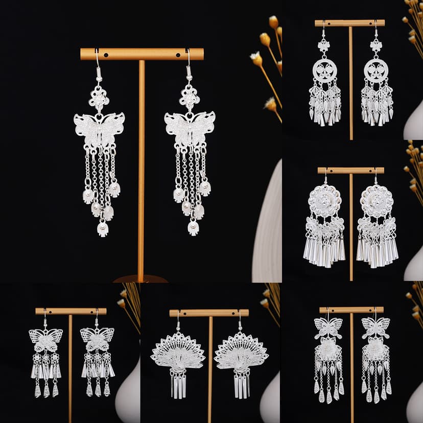 Explosive Miao Long Tassel Minority Personality Earrings Light Luxury Miao Silver Ethnic Style Exaggerated Elegant Earrings for Women
