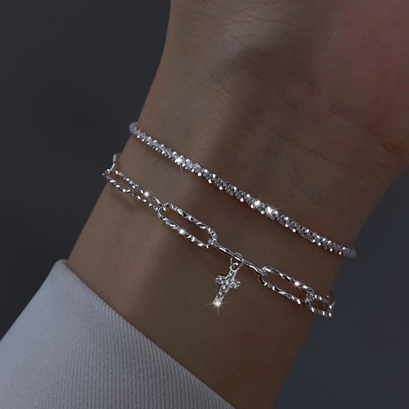 Cross-Border New Sparkling Bracelet for Women Ins Niche Design Light Luxury High-End Simple Bracelet 2-Piece Set Wholesale