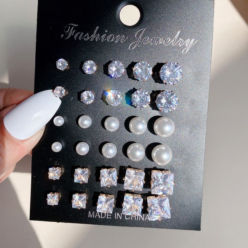 European and American Export New Geometric Six-Claw Zircon Set 15 Pairs of Earrings for Women Retro Elegant Pearl Earrings Wholesale