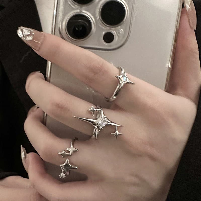 Cross-Border New Style Cool Starburst Inlaid Zircon Open Ring Three-Piece Set for Women with Light Luxury Temperament Hand Jewelry