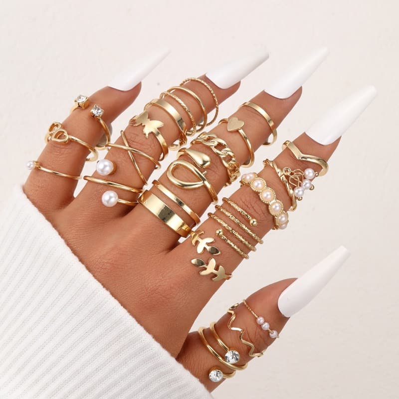 Cross-Border New Personalized Open Ring Multi-Joint Ring Set 22-Piece Set Hollow Heart Geometric Hand Jewelry Wholesale