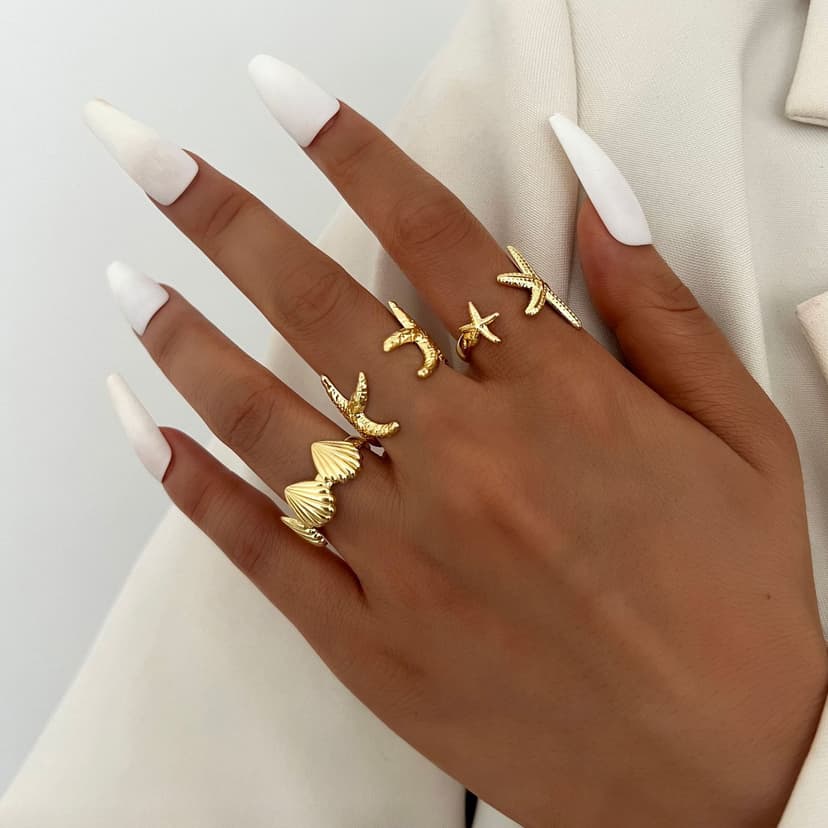 Cross-Border New High-End Casual Starfish Shell Open Ring Women's Ocean Resort Style Hand Jewelry 3-Piece Set Wholesale