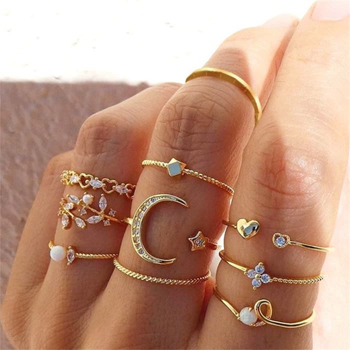 Cross-Border New Star and Moon Ring Heart Leaf Ring 10-Piece Set Joint Ring Creative Retro Women's Ring Wholesale