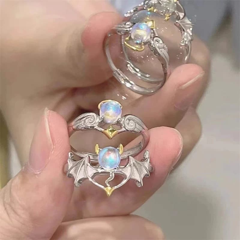 Cross-Border New Product Ring Moonstone Angel Devil Ring Female Niche Design Classy Open Adjustable Index Finger Ring