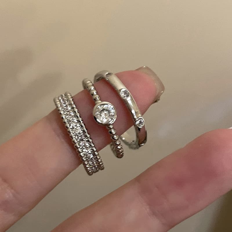 Cross-Border Ins Fashion Simple Elegant High-End Ring Set for Women Personalized Geometric Plain Ring Zircon Open Ring 3-Piece Set
