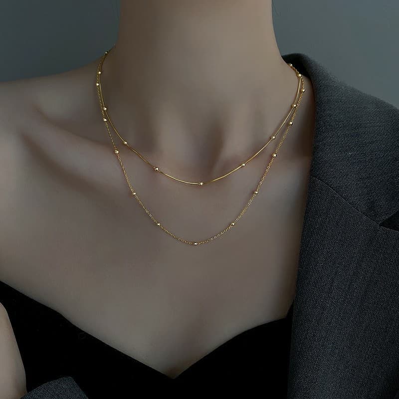Casual and Versatile Round Bead Snake Bone Chain Titanium Steel Necklace Women's Accessible Luxury High-End Niche Design 18K Gold Plated Clavicle Chain