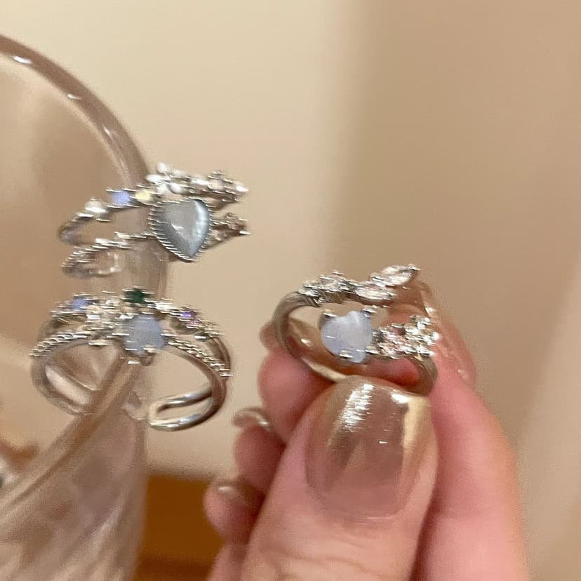 Cross-Border Sea Blue Love Moonlight Zircon Ring Set Women's Personalized Light Luxury Niche Design Ring Bracelet Wholesale