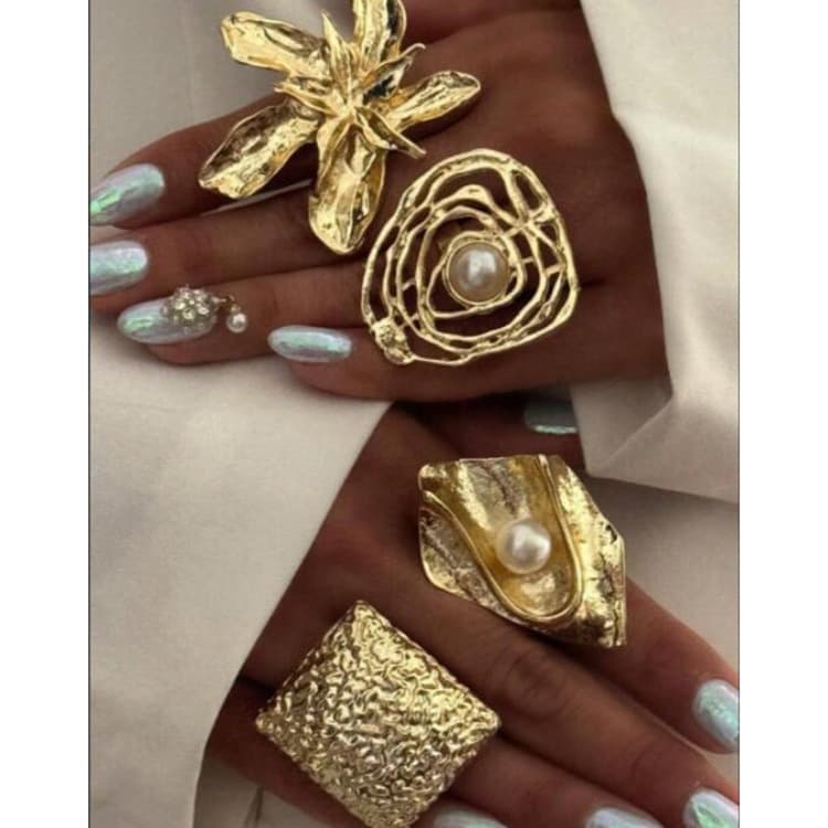 European and American Cross-Border New Products, Exaggerated Irregular Rings for Women, Hollow Pearl Flower Square Texture Rings Wholesale