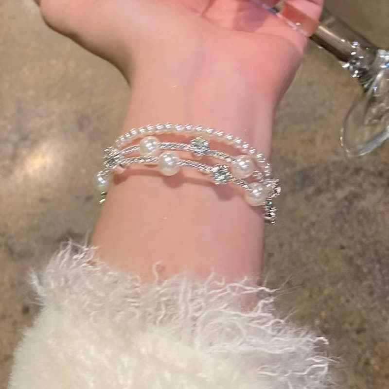 Cross-Border European and American Fashion Pearl Bracelet Crystal Bracelet Multi-Layer Winding Bracelet Three-Row Claw Diamond Bracelet