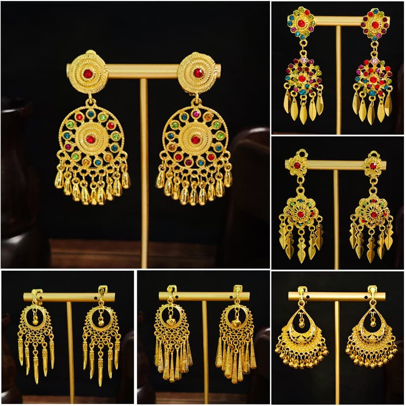 European and American Bohemian ethnic style long water drop tassel earrings retro hollow diamond ear clip wholesale